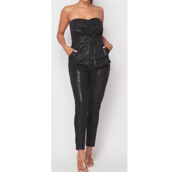 Pants - So Glam! Black Snakeskin Print Jumpsuit